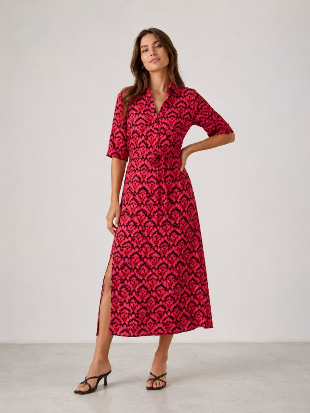 Lesley Evers Midi/Maxi Dress Retro Floral Print Pink Red Black